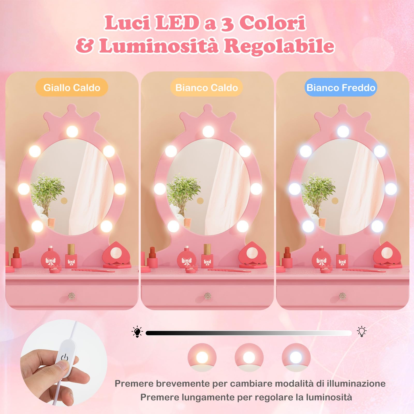 RELAX4LIFE Toeletta Trucco per Bambina con 7 Lampadine LED, 3 Colori di Luci, Specchiera Trucco con Sgabello, Toeletta in Legno, Specchio Rimovibile, per Bambini 3-7 Anni (Rosa)