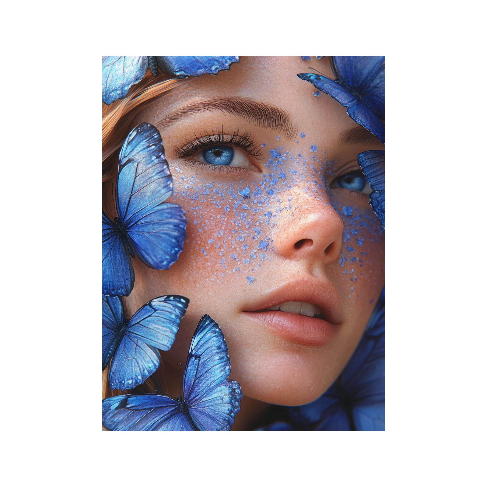 TERUEA Canvas Wall Art Abstract Woman with Blue Butterflies on Her Face Portrait Picture Prints for Girls Room Bedroom Wall Decor(Blue)-20x30cm Unframed