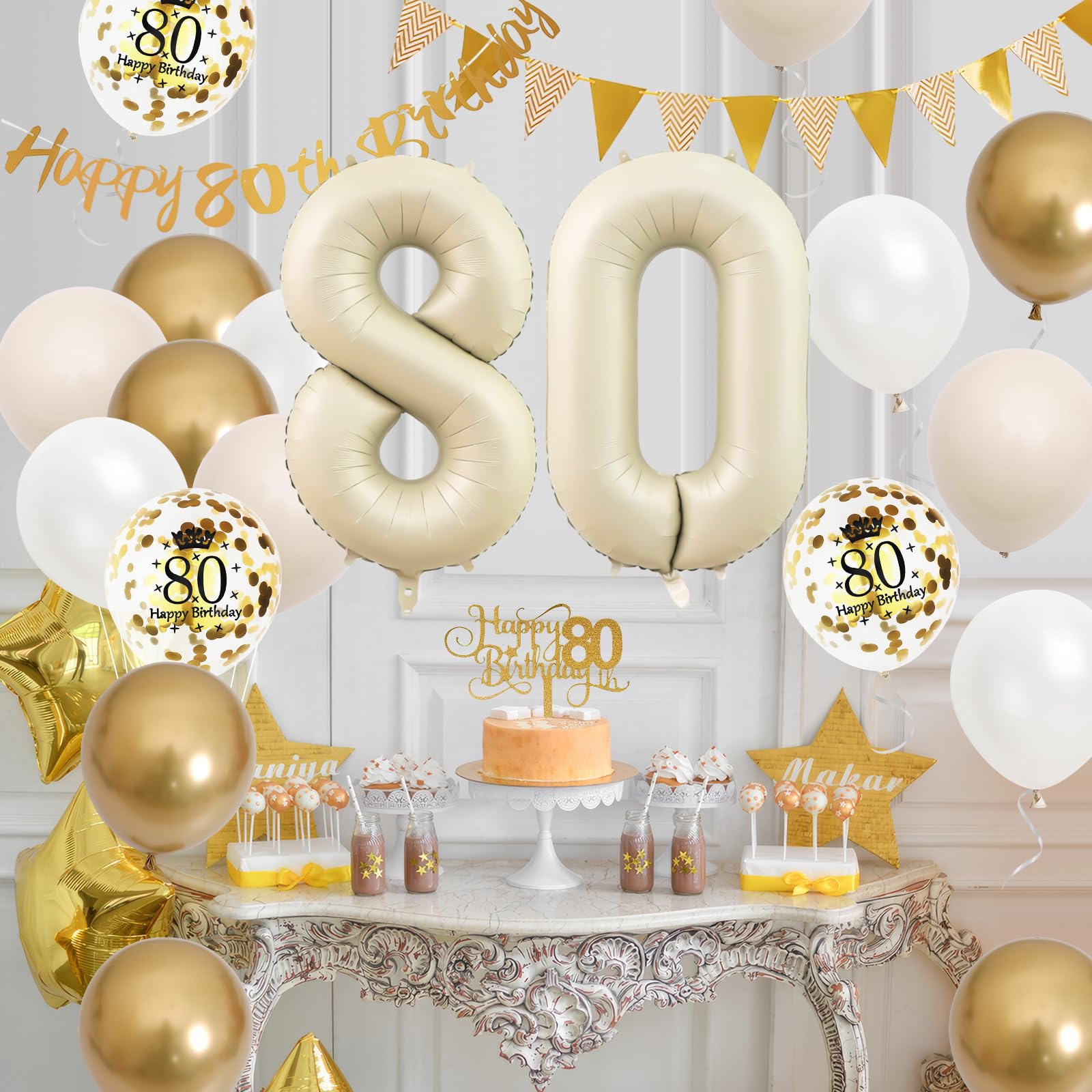 80. Geburtstag Deko Set - Luftballons, Banner, Girlande für Frauen und Männer - Beige Gold Partydekoration mit Tortendeko für 80 Jahre Jubiläum