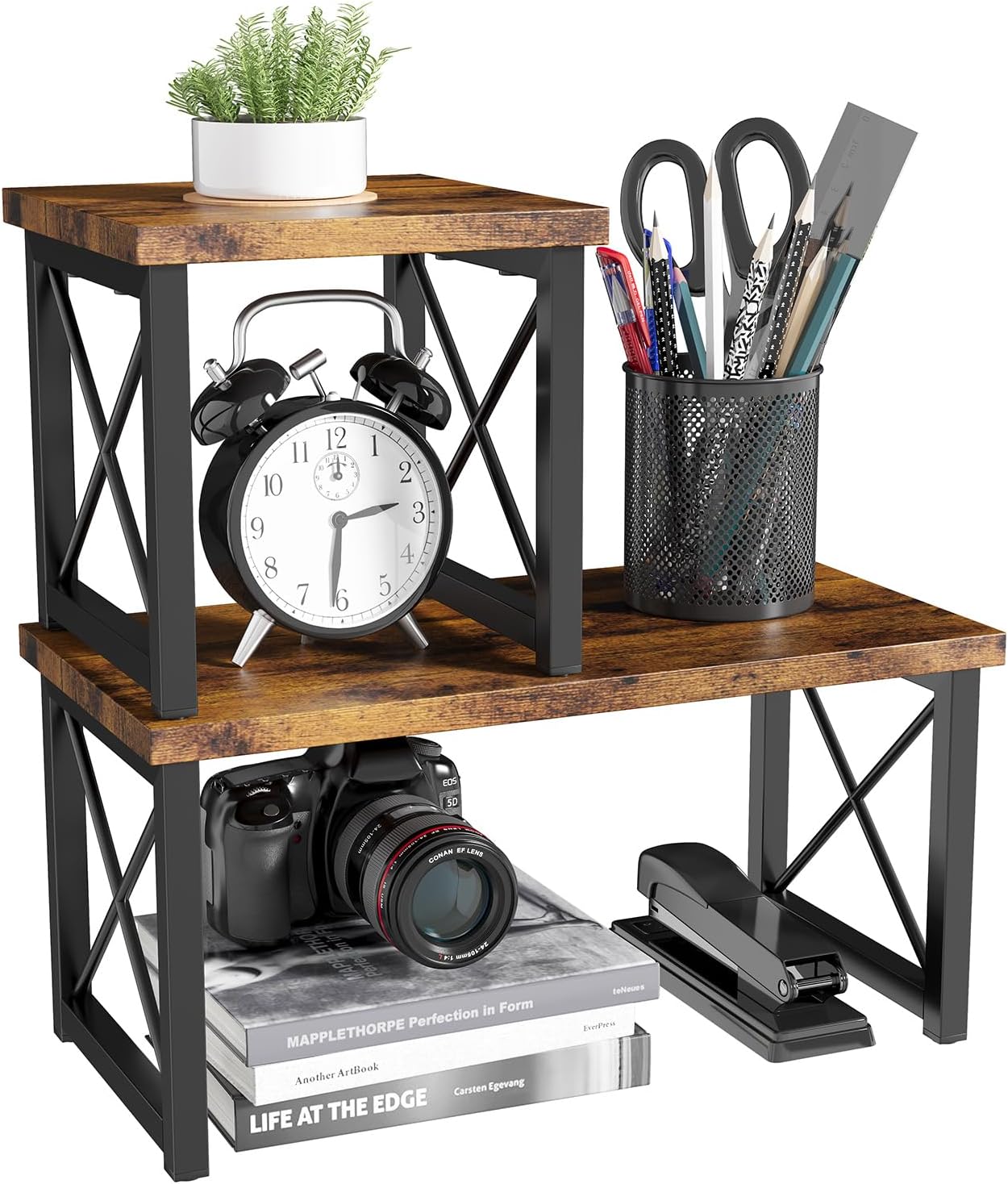 HavenlyYouth Desk Shelf, 2 Tier Wood Desktop Bookshelf, Adjustable Freestanding Stackable Desk Organizer, Desktop Shelf Organizer Storage Rack, Desk Display Rack for Office, Home, Rustic