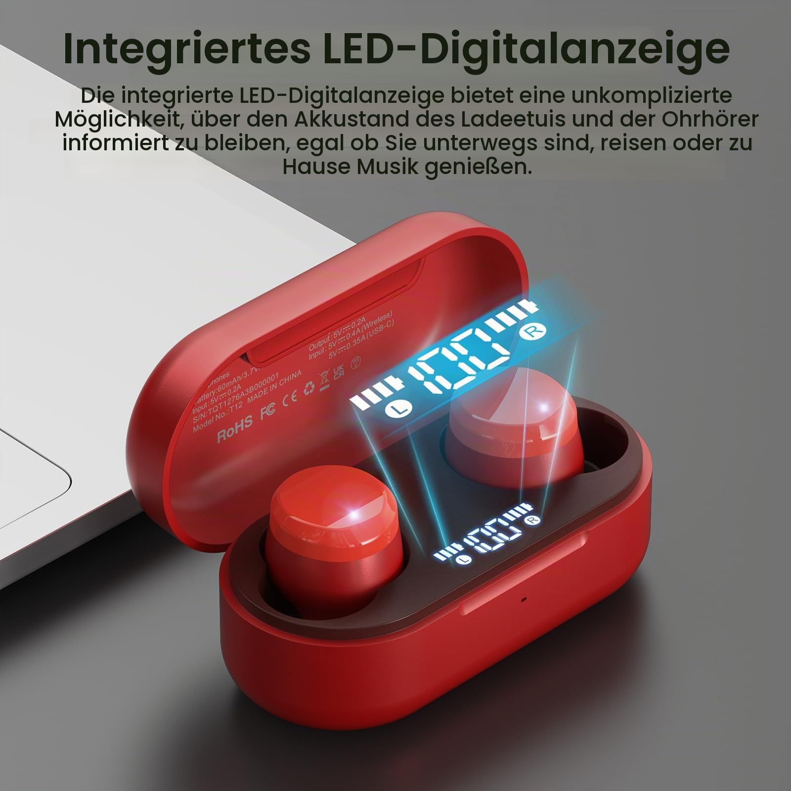 TOZO T12 Kabellose Bluetooth In-Ear Kopfhörer Klein Kompakt Earbuds | 10-mm Treiber für kraftvollen Bass, 55 Std. Akku, IPX8 wasserdicht, 16 EQ Modi per App, LED-Ladeanzeige, nur 4,6 g