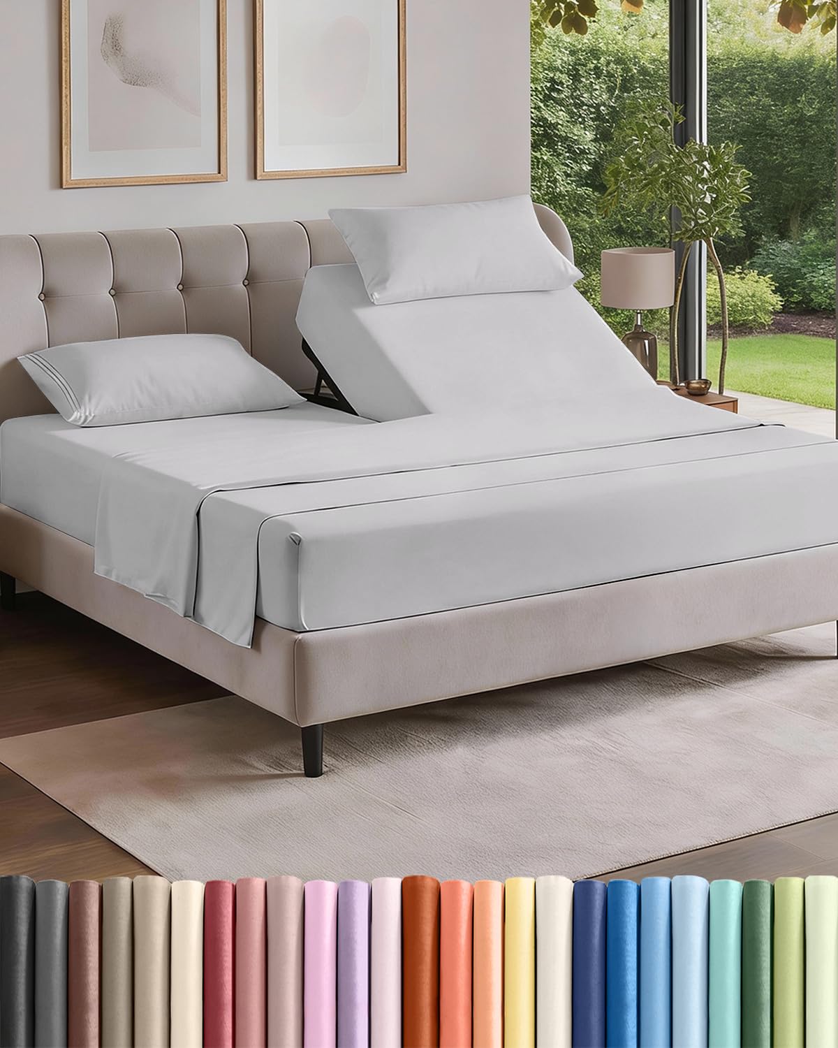 Split Head King Sheet Set – 4 Piece Flex Split Top King Sheets for Adjustable Beds - Fits 14” to 16 Mattress w/ Deep Pockets - Soft, Breathable & Cooling - Luxury Bedding & Wrinkle Free - French Grey