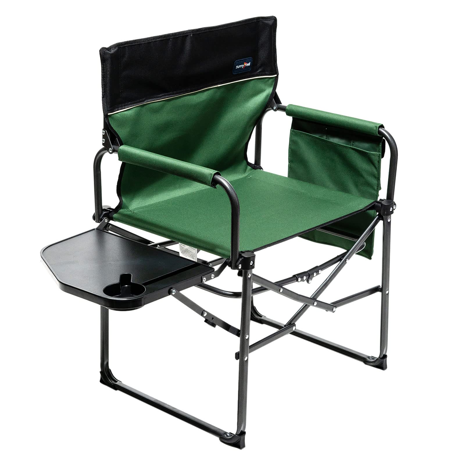 SUNNYFEELCamping Director Chair, Portable Folding Chair with Side Table and Storage Pouches, Compact Heavy Duty for Adults Outdoor（Green）