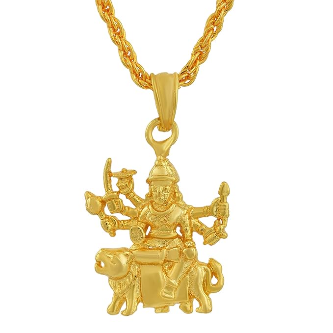 Gold Plated Brass Micron Lord Sherawali Mata, Durga Rani, Vaishno Devi, God Jewellery Pendant Chain Locket Men and Women