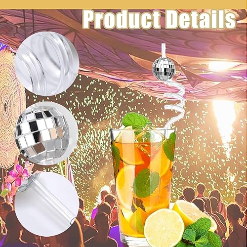 12 pajitas de bola de discoteca con cara de espejo, popotes de plástico reutilizables de los años 70 para discotecas, bares, karaoke, fiestas de