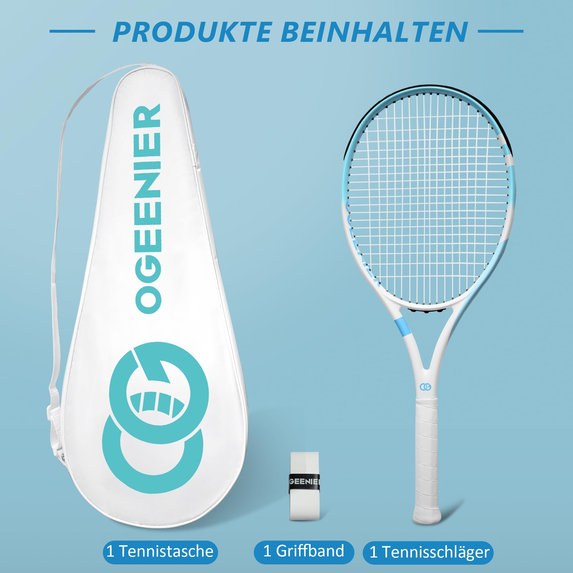OGEENIER Racchetta da tennis 27 pollici, racchetta da tennis da donna, uomo, in grafite, per adulti, principianti e tempo libero, leggera, con borsa da tennis