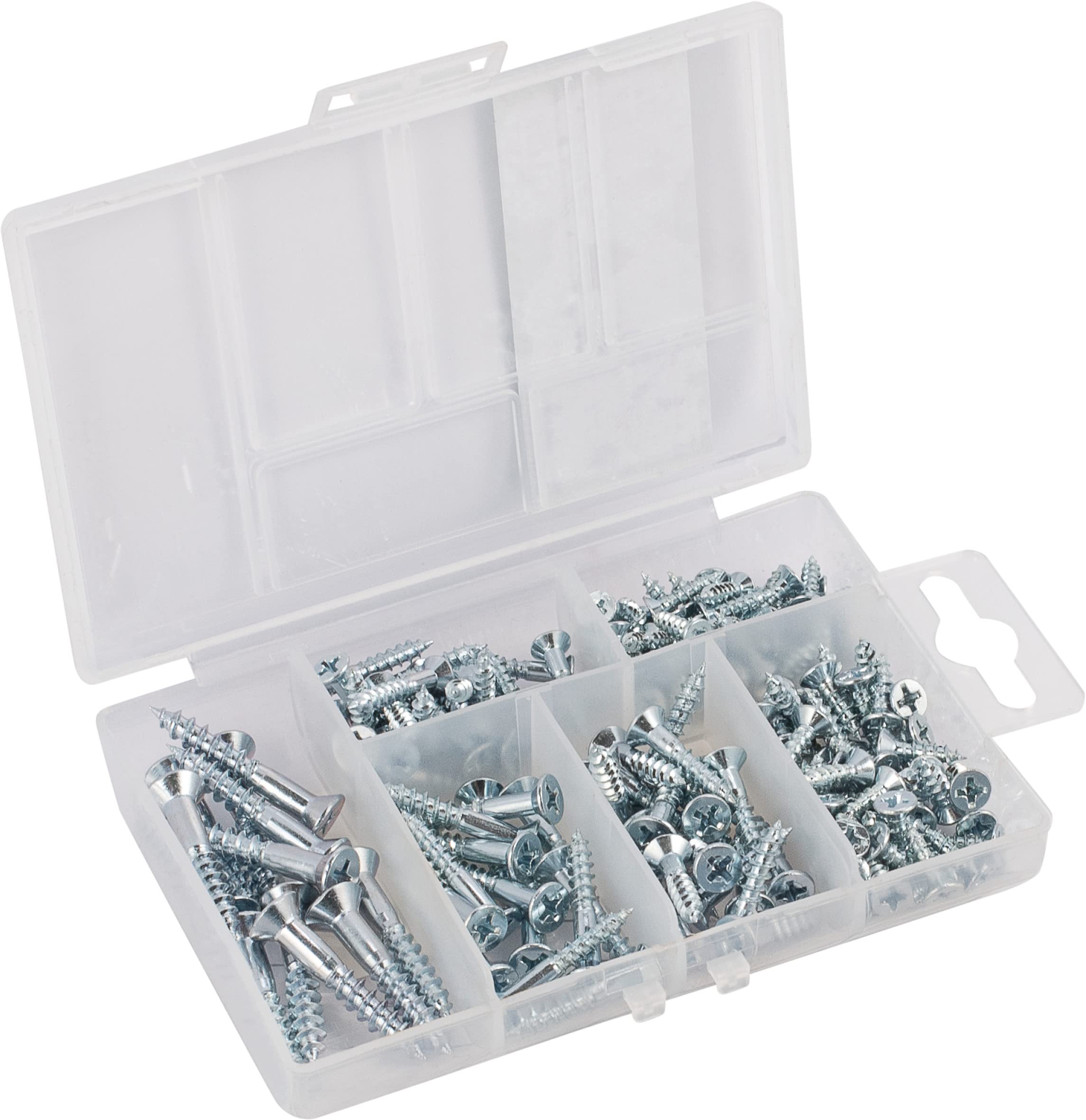 Connex DP8500116 Wood Screws Assortment 175 Pieces DIN 7997 Various Sizes Countersunk Head PH Phillips Drive Galvanised Screw Set with Dowels Assortment Box