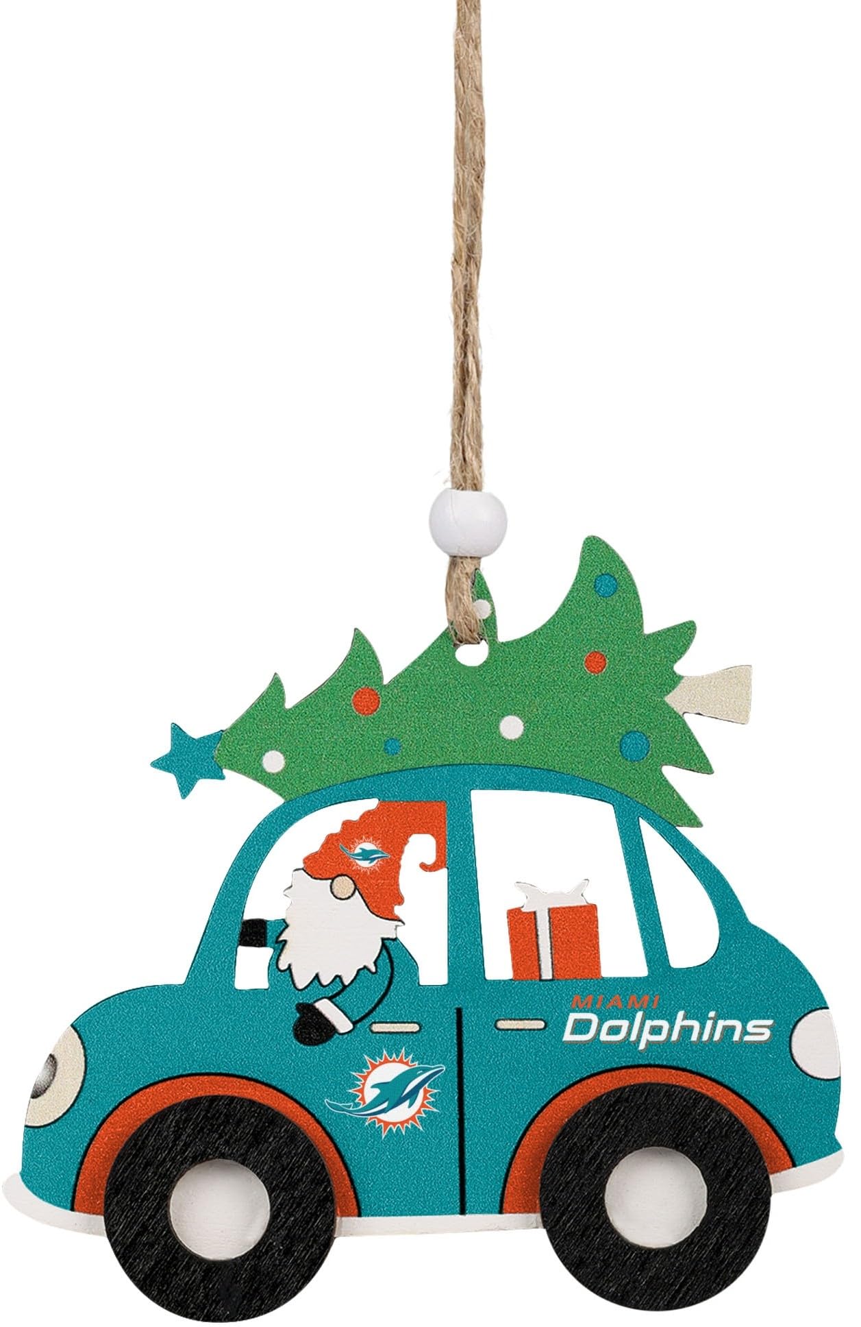 Foco Multi Color Nfl Miami Dolphins Wooden Car Ornament With Tree – Officially Licensed Holiday Decoration