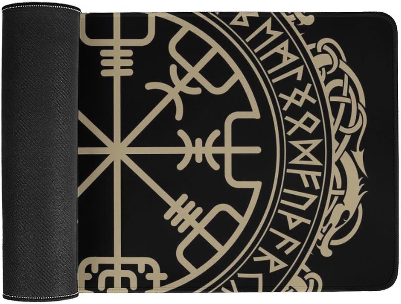 Black Celtic Viking Design Magical Runic Compass Vegvisir in The Circle of Norse Runes and Dragons Tattoo Decorative Fashionable Anti Slip Table Mat, Waterproof Mouse Protection Pad 30x60cm