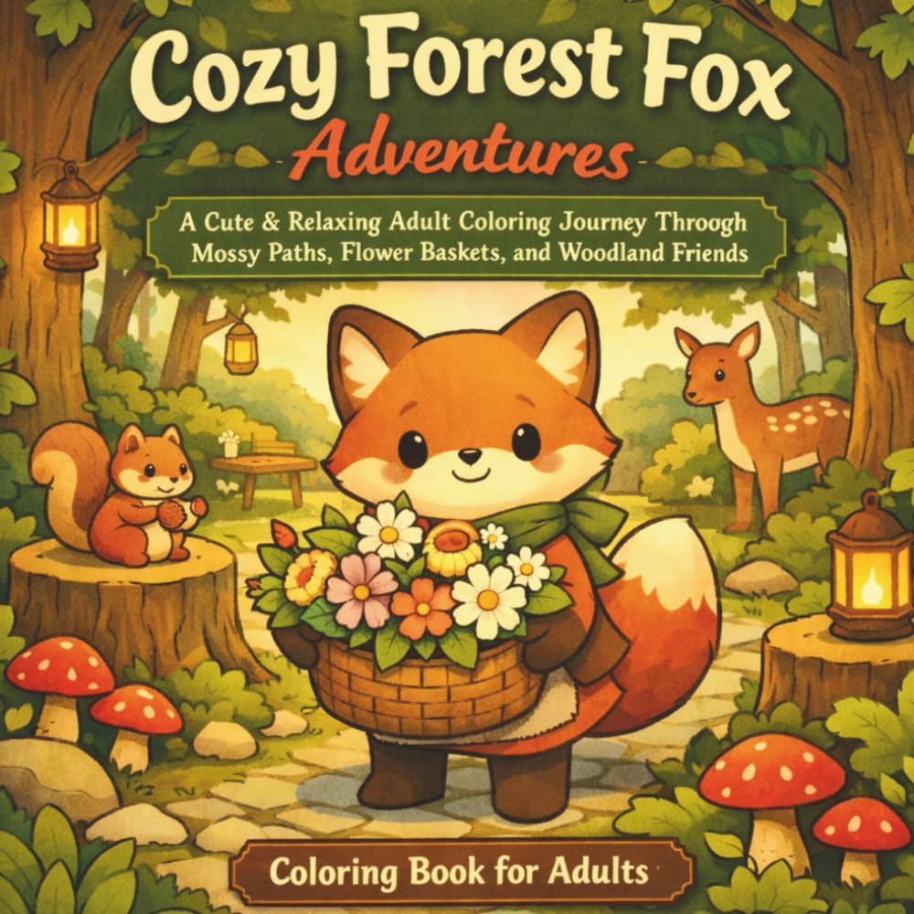 Cozy Forest Fox Adventures: A Cute & Relaxing Adult Coloring Journey Through Mossy Paths, Flower Baskets, and Woodland Friends
