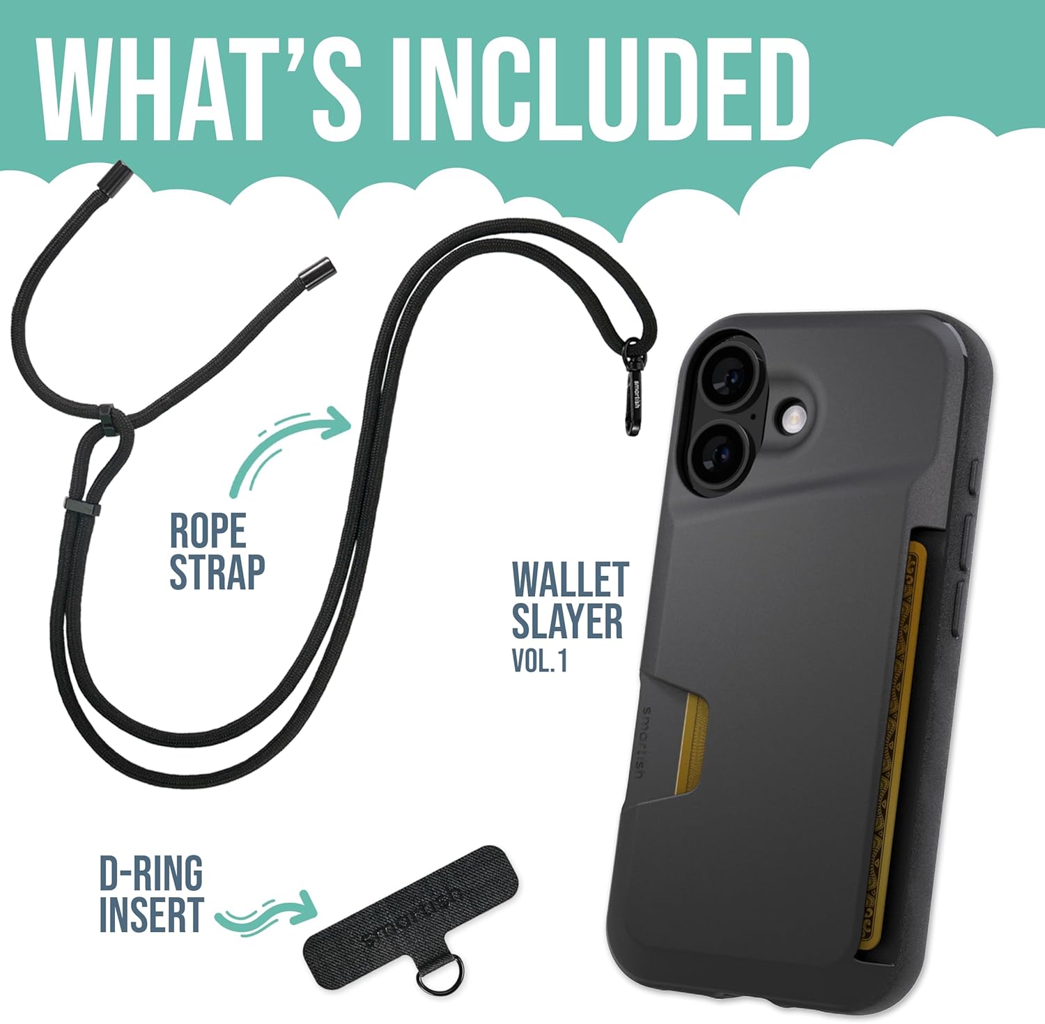 Smartish® iPhone 16 Plus Wallet Case with Crossbody Lanyard Strap - Wallet Slayer Vol. 1 - [Slim + Protective] Credit Card Holder with Universal Detachable Shoulder Neck Strap - Black Tie Affair