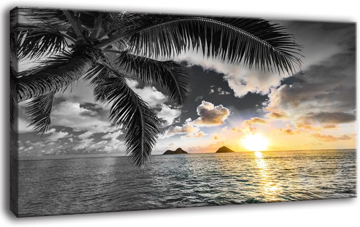 Bamdeya Wall Decor Living Room Black and White Beach Wall Art Sunset Seascape Pictures Palm Canvas Prints Art Wall Decor Bedroom Ocean Poster Painting for Home Office Decoration Scenery Artwork