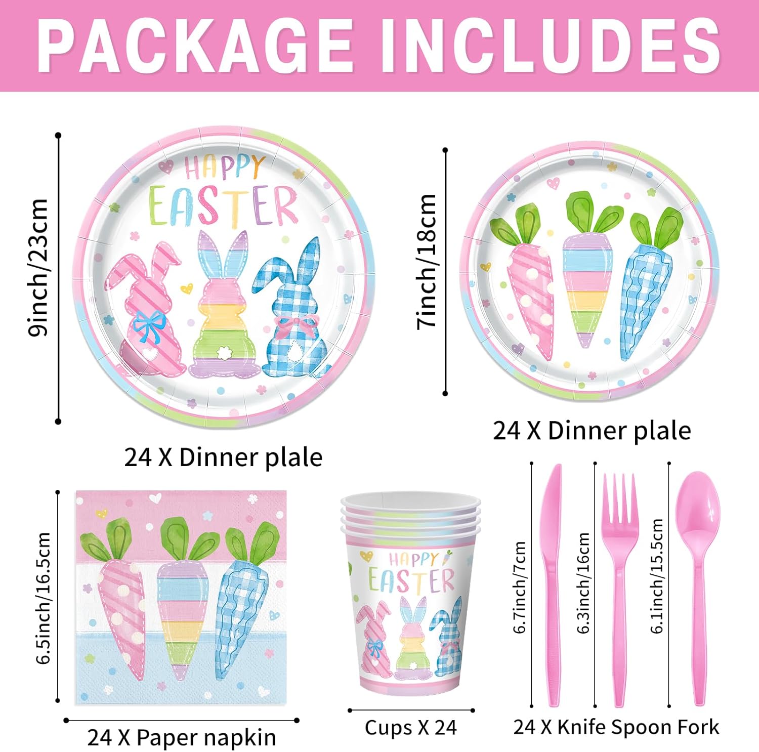 168PCS Happy Easter Plates and Napkins Set With Colorful Bunny and Carrot Easter Party Supplies Disposable rabbit Paper Dinnerware Set for Spring Birthday Egg Hunt Party, Serve 24