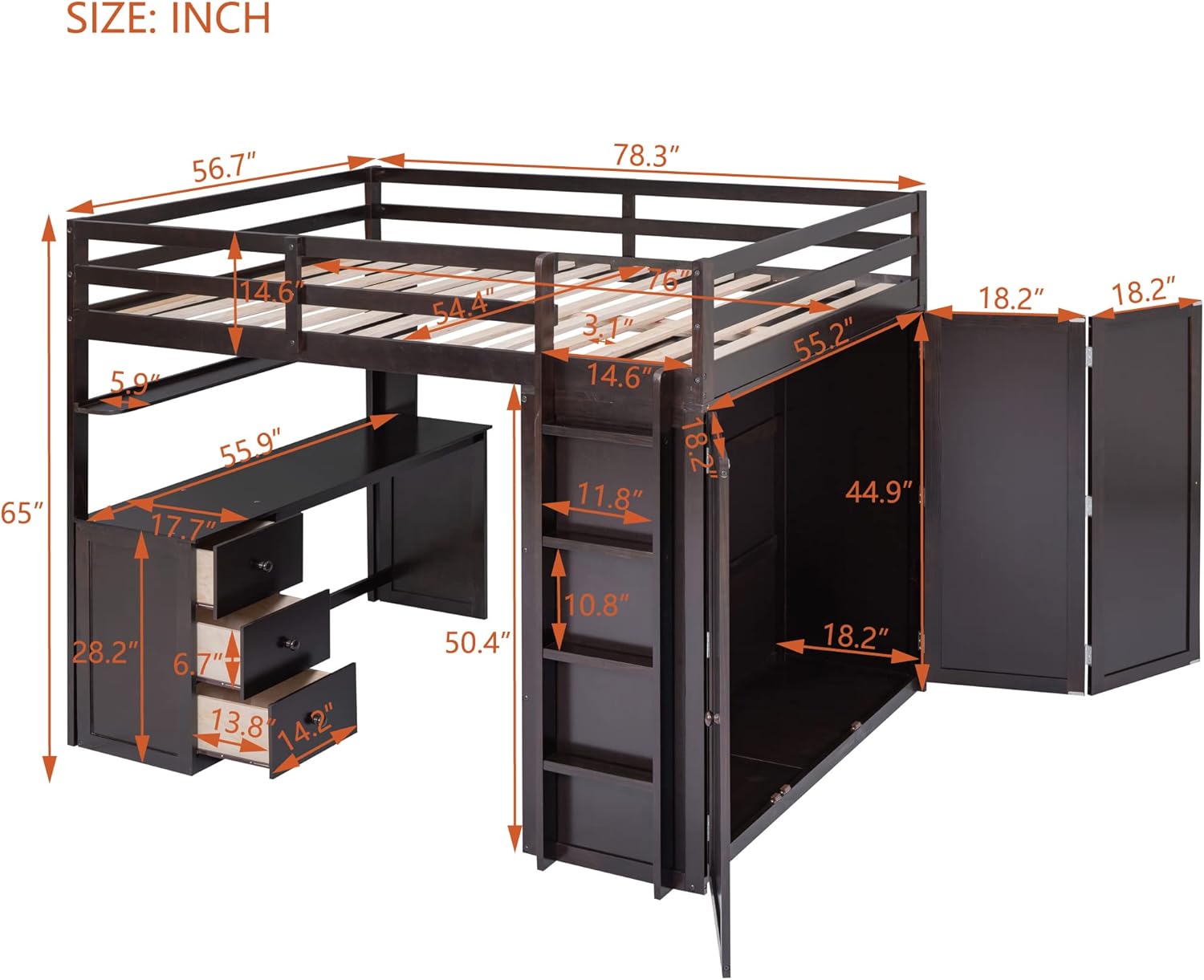Harper & Bright Designs Full Size Loft Bed with 3 Drawers and Wardrobe, Wood Bedframe w/Desk, Ladder & Guardrails, Full Loft Bunk Bed for Kids Teens Adults, No Box Spring Needed, (Full, Espresso)
