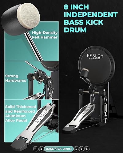 Miniatura 4 de Fesley Juego de batería eléctrica, juego de batería electrónica con 4 almohadillas de malla silenciosa, HiHat independiente y Kick Drum Juego de