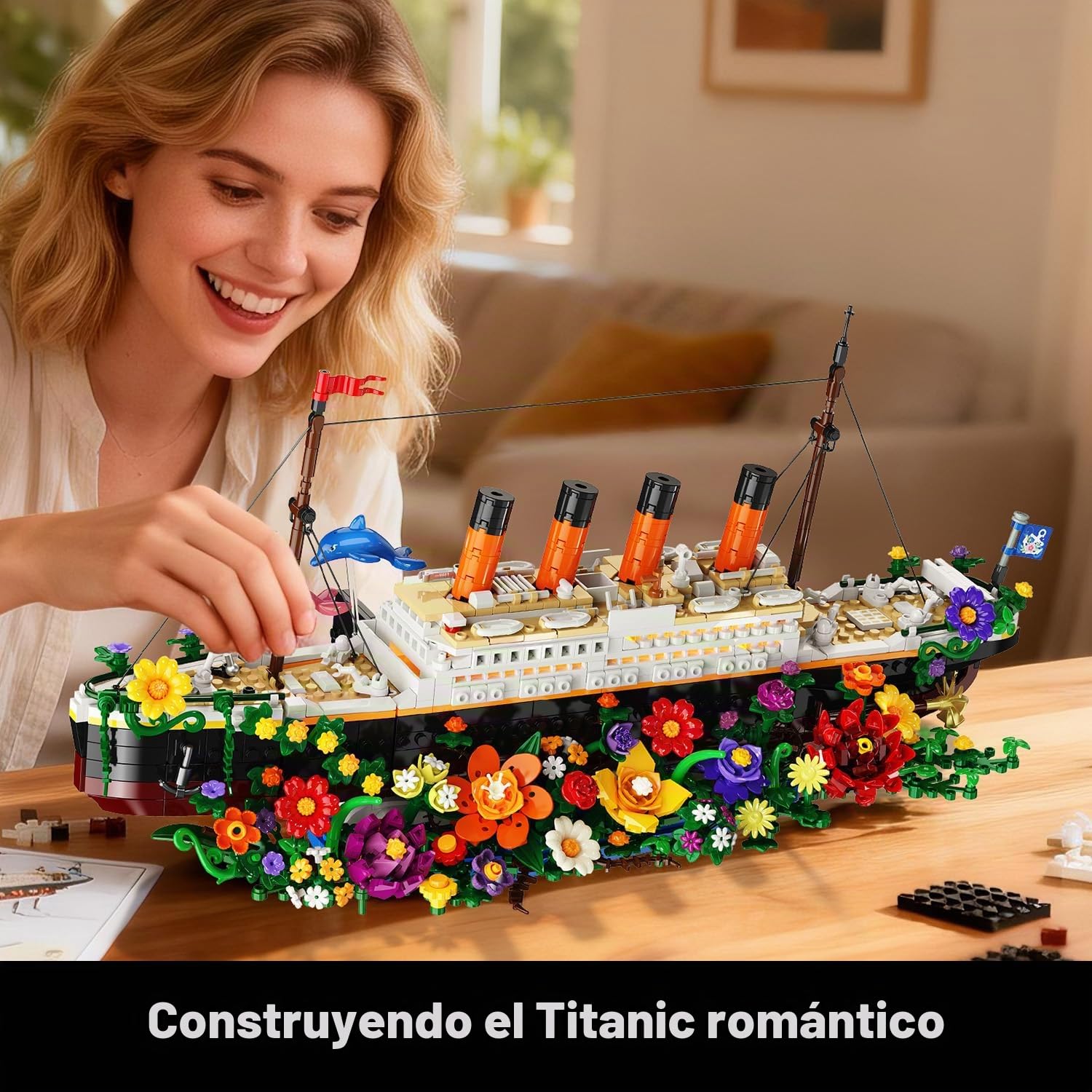 INSOON Blumen Titanic Juguete de construcción con luz, barco Titanic con flores, delfines botánicos, 1860 piezas modelo de barco, ladrillos de sujeción, regalo para adultos, niños, niños y niños