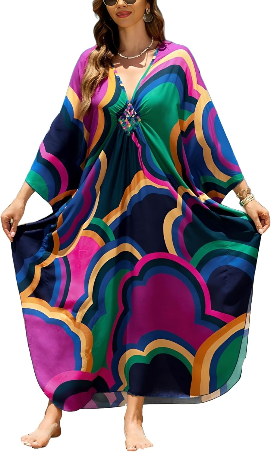 IMAGEKOPE Kaftan Dresses for Women Plus Size V-Neck Moo Moos Batwing Kaftan Beach Dress Bathing Suit Cover-Up Loungewear