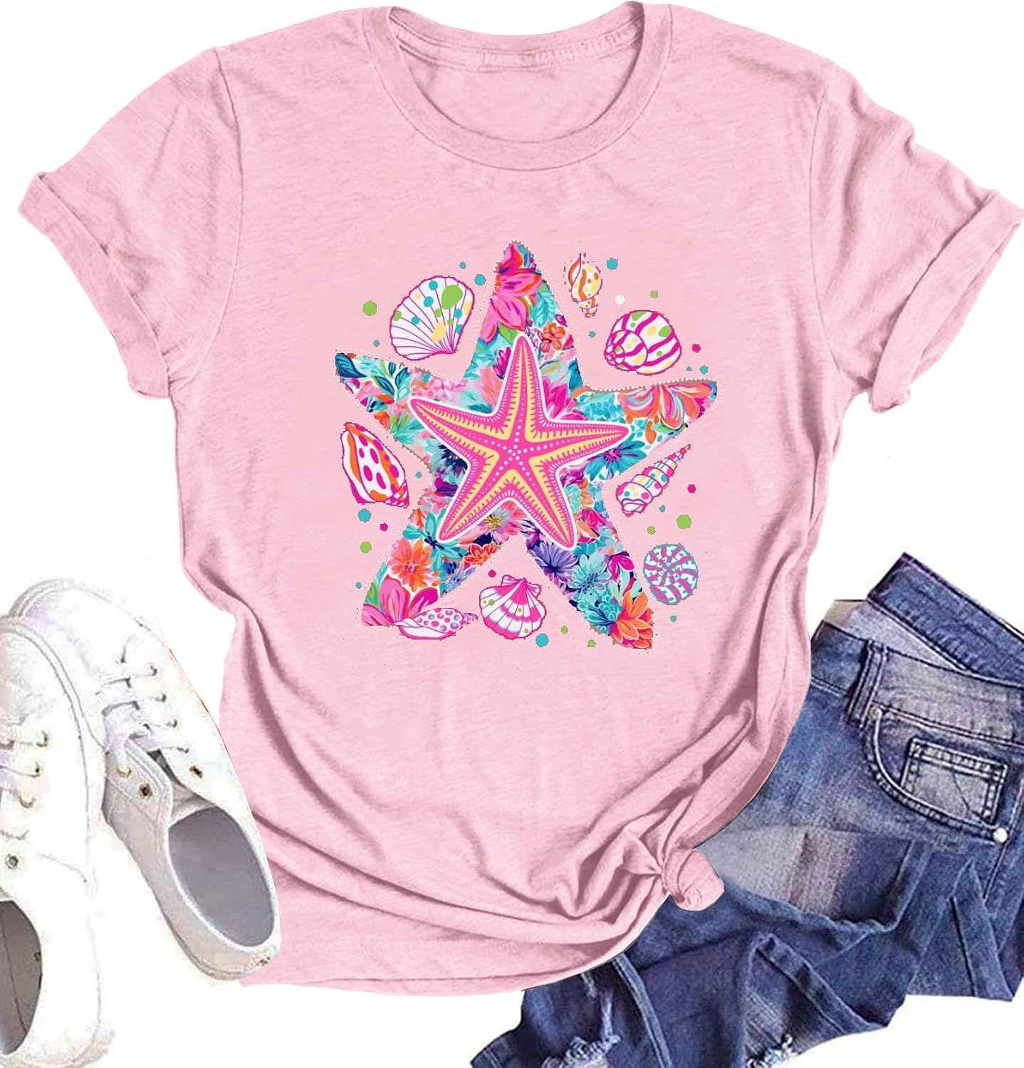 Summer Shirt for Women Saltwater Seashells Sunshine Graphic Shirts Beach Vacation Tee Cute Coastal Short Sleeve T Shirt