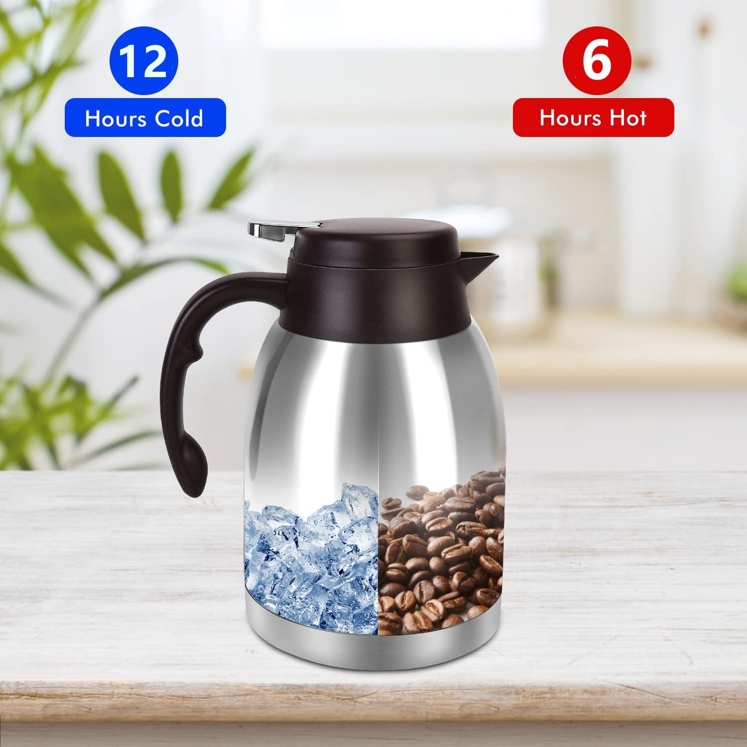 Thermo-Kaffeekaraffe aus Edelstahl, unzerbrechlich, doppelwandig, Vakuum-Thermosflasche, 1,6 l, Wasser-Teekanne, Getränkekrug für kalte Getränke im Sommer (klassisches Silber)