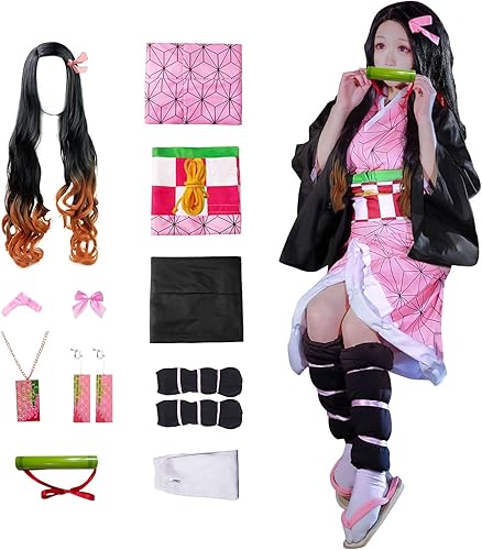 Disfraz de cosplay de 11 piezas para niños y adultos, bata de anime japonés, disfraz de Halloween, kimono con peluca