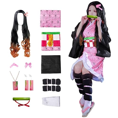 11 pcs Nezuko Cosplay Costume Kimono for Kids Adults Robe Japanese Anime Costume Halloween Kimono Outfit With Wig - X-Large