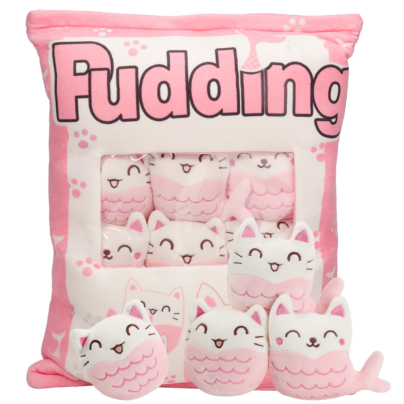 Mermaid Cat Plush Pillow, Cute Pink Mermaid Cat Plushies for Kids, Removable Mermaid Cat Stuffed Animals Dolls, Kawaii Plushies Gift for Girls Boys Birthday