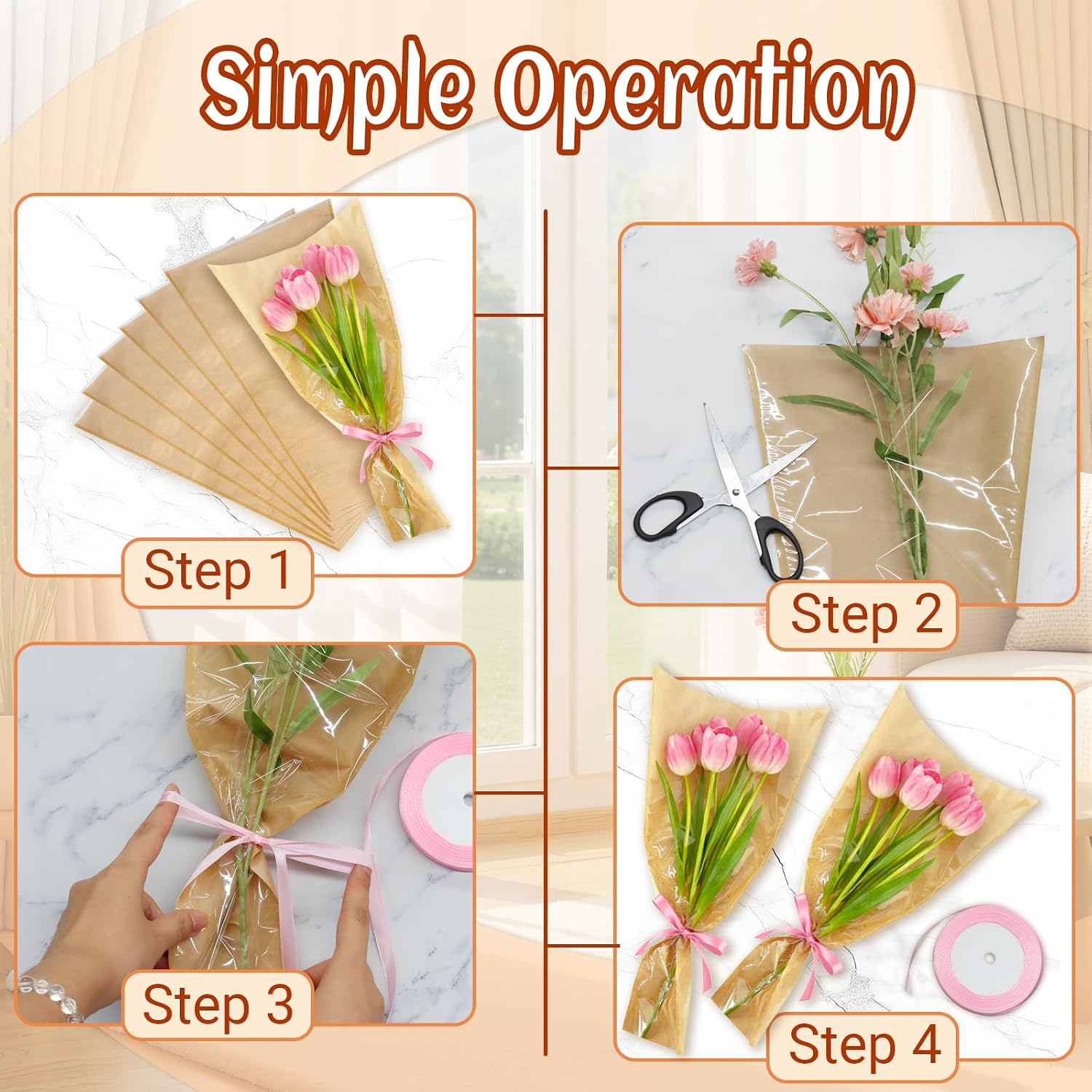 30PCS Flower Bouquet Bags, Bouquet Wrapping Paper Flower Bar Supplies with Ribbon, Brown Floral Sleeves Floral Bags for Teacher Graduation Wedding Birthday Gift (9.5x3.6x18 Inches)