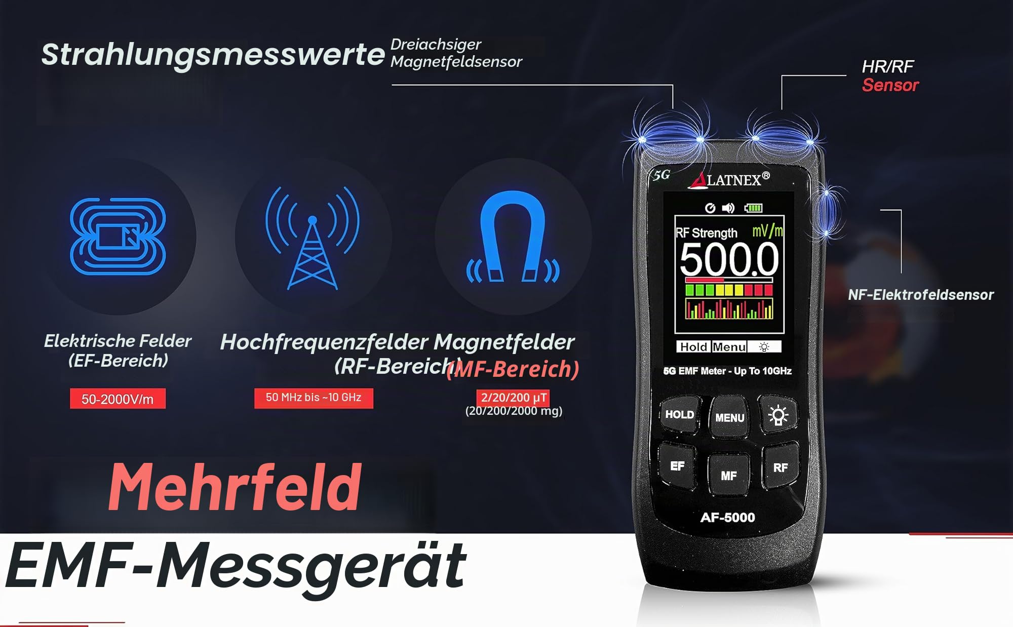 LATNEX AF-5000 5G EMF-Messgerät, HF-Detektor, Tester und Lesegerät mit Kalibrierzertifikat – misst HF- und Mikrowellen, 3-Achsen-Magnetfelder und elektrische Felder