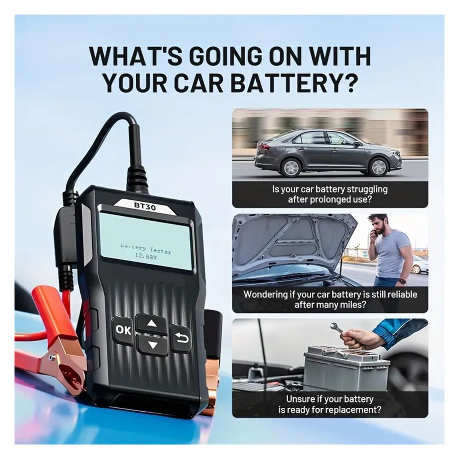 Probador de batería Coche BT30 12 V, analizador diagnóstico automotriz Digital, Herramienta escaneo Carga y Arranque vehículos, Todo en uno