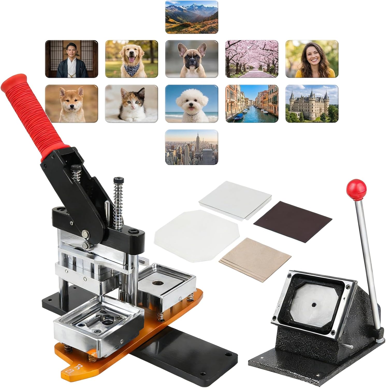 Fridge Magnet Button Maker Machine Kit - Create Square/Rectangle 50x50/63.5x63.5/80x53/90x65mm Photo Magnets with Included Paper Cutter and 100Pcs Components (Badge Maker)