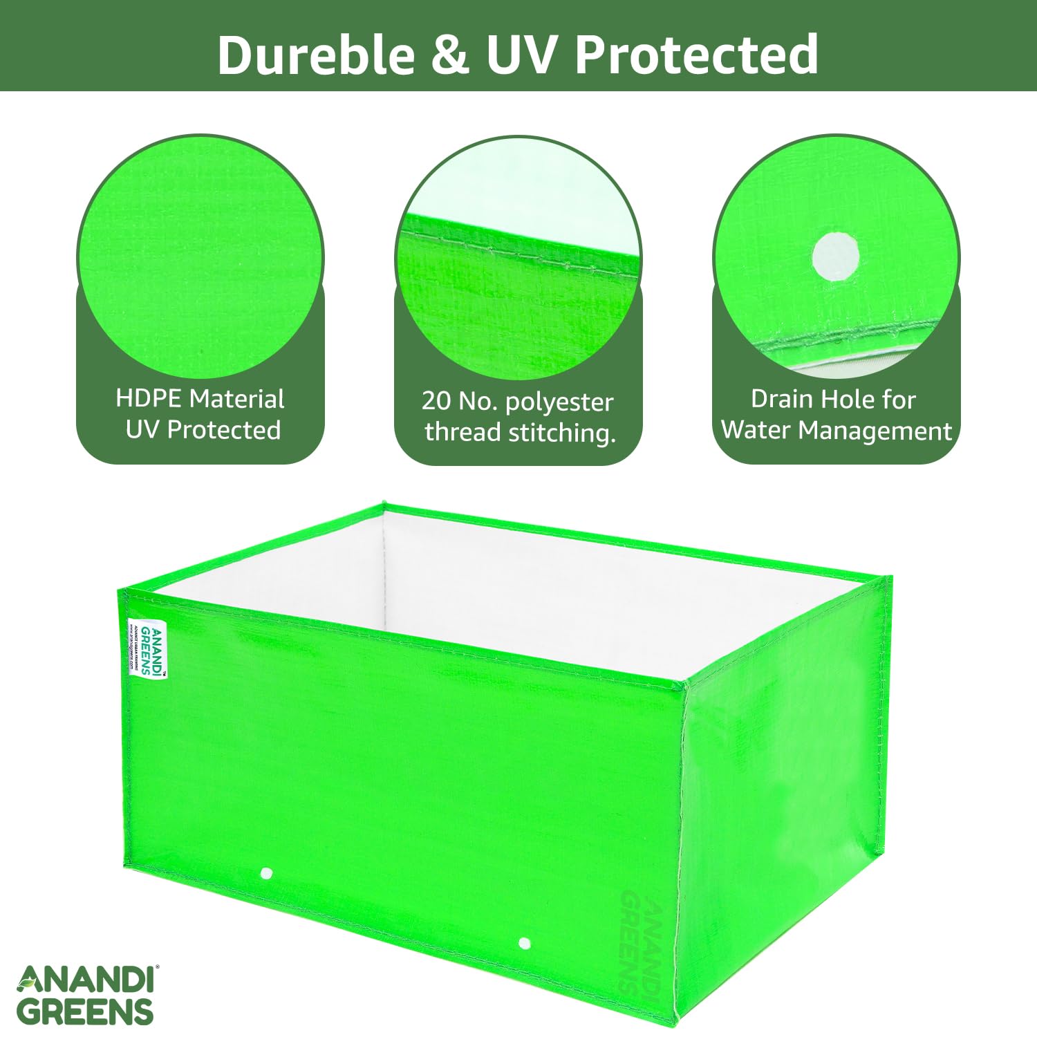 Anandi Green's Premium HDPE UV Protected 260 GSM Square Shaped Green Colour Plants Grow Bags Suitable for Terrace and Vegetable Gardening (Pack of 5, 24X12X9 INCH) 3