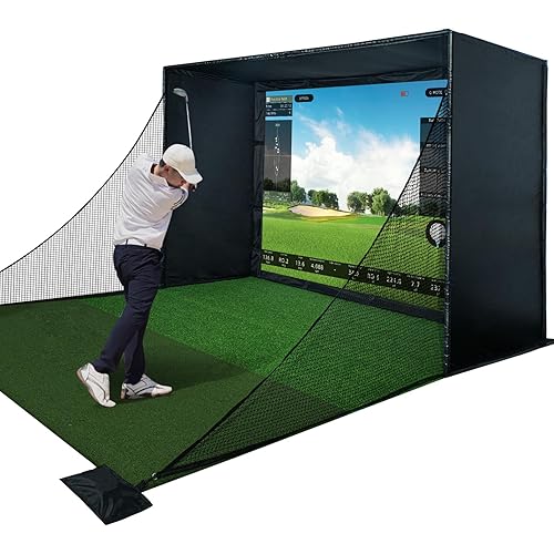 Golf Simulator Enclosure Kit with Premium HD Impact Screen, Full Safety Padding & Blackout Curtain, Home Golf Sim Setup Compatible with Launch Monitors, Indoor Cage Net Golfing Accessories
