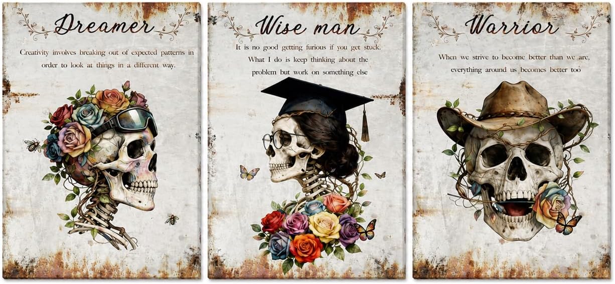 Artiluxy Gothic Skeleton Wall Art Set of 3, 12x16 Inch Dark Academia Canvas Wall Decor, Inspirational Skull Artwork for Bedroom Living Room Bathroom Office, Vintage Goth Decor Ready to Hang