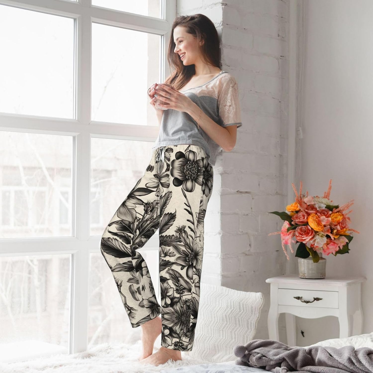 Floral Herbs Botanical Pattern Print Cozy Christmas Pajama Pants,Flannel Pajama Bottoms,Cater To Various Body Types