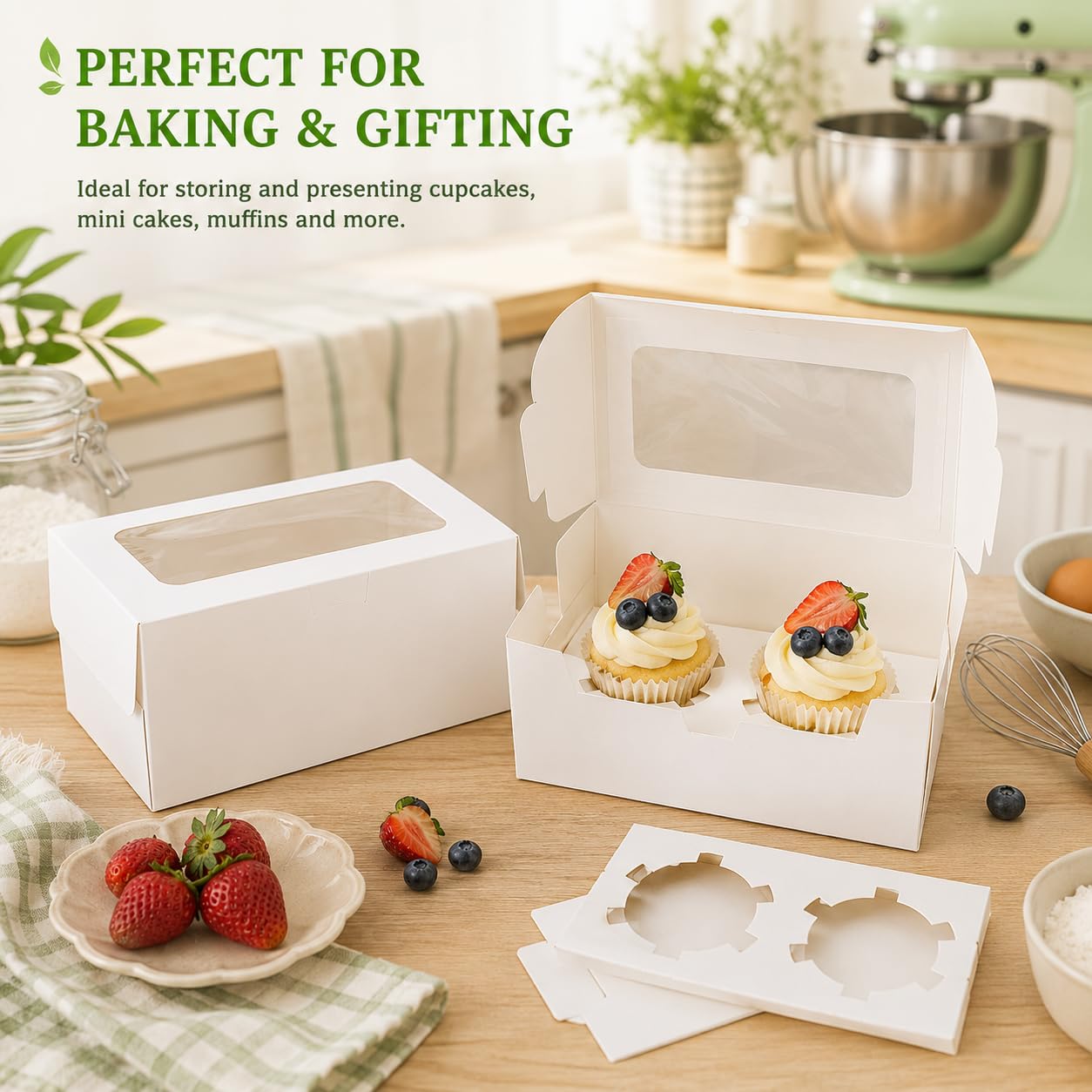 Pralb Paquete de 50 cajas de papel blanco para cupcakes con ventana de PVC y dos soportes para golosinas, caja de repostería y galletas, recipientes para cupcakes, caja de pasteles de panadería, caja