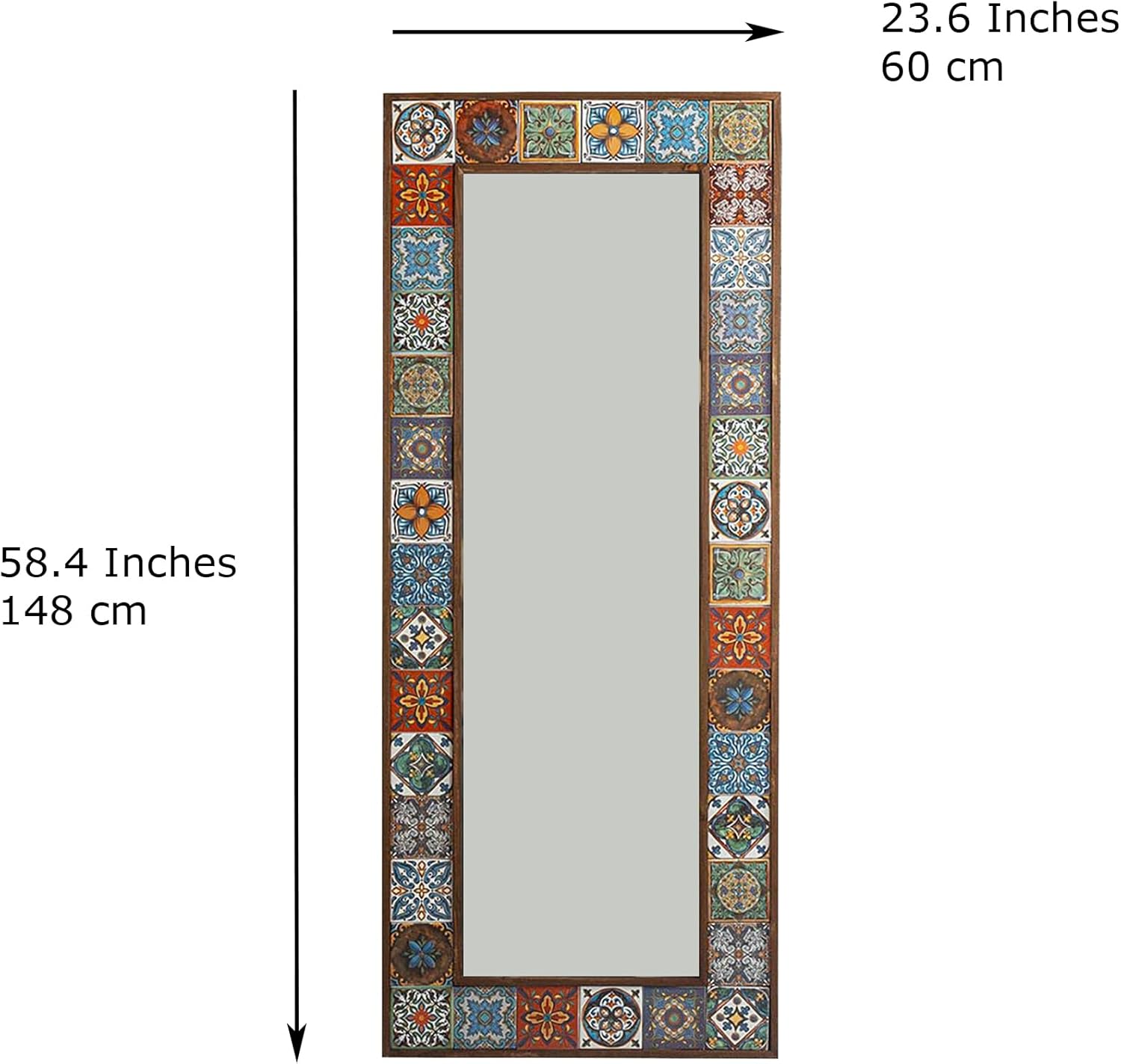 Full Length Mirror with Handmade Mosaic Tile Frame, Standing Body Mirror, Wall Hanging Decor for Living Room, Bedroom and Entryway, Boho Style, Vertical or Horizontal 23.6" x 58.4"