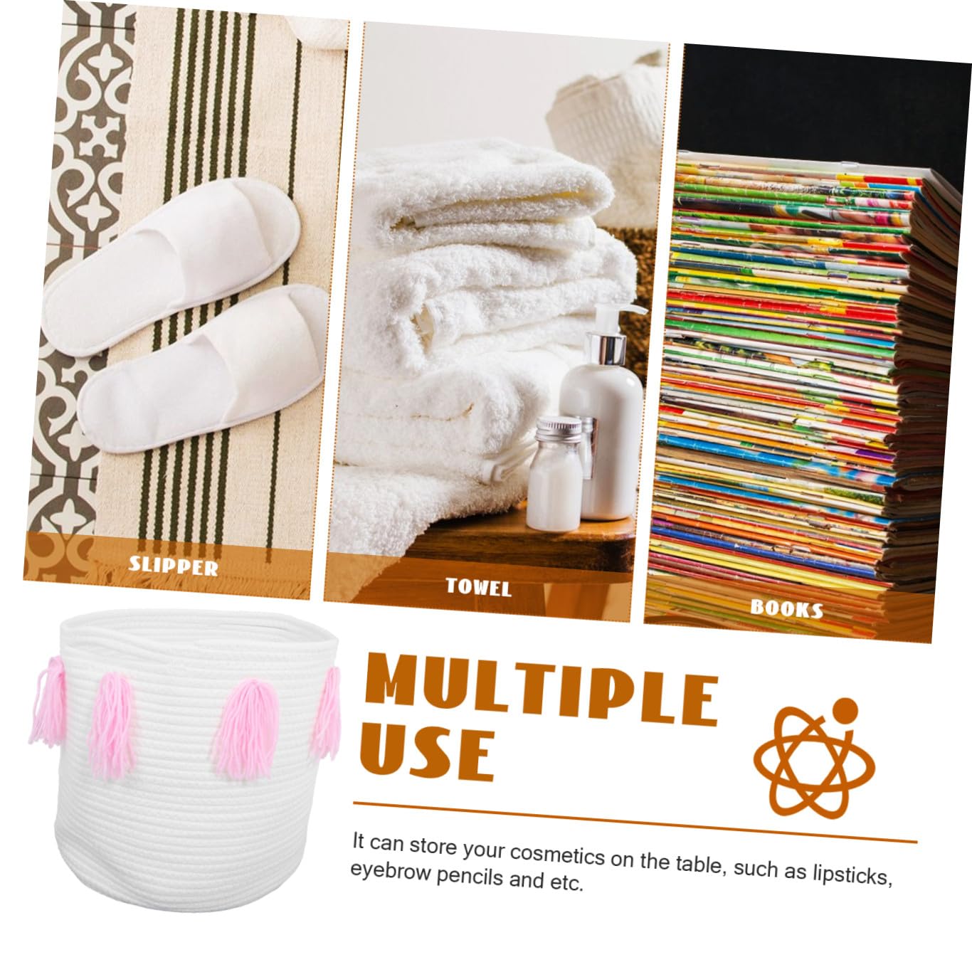 Cestino Portaoggetti Artigianale in Corda di Cotone Rosa | Nappine Decorative, per Casa e Hotel, Adatto a Rossetti e Accessori Bebé