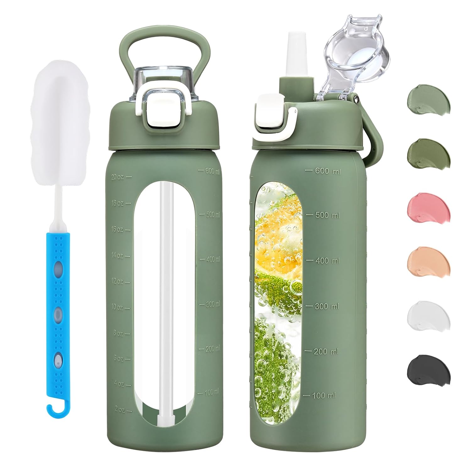 20 oz Glass Water Bottle with Straw Reusable Water Bottle with Non-Slip Silicone Sleeve Wide Mouth Leak-Proof for Coffee, Tea and Water,BPA-free, Dishwasher Safe