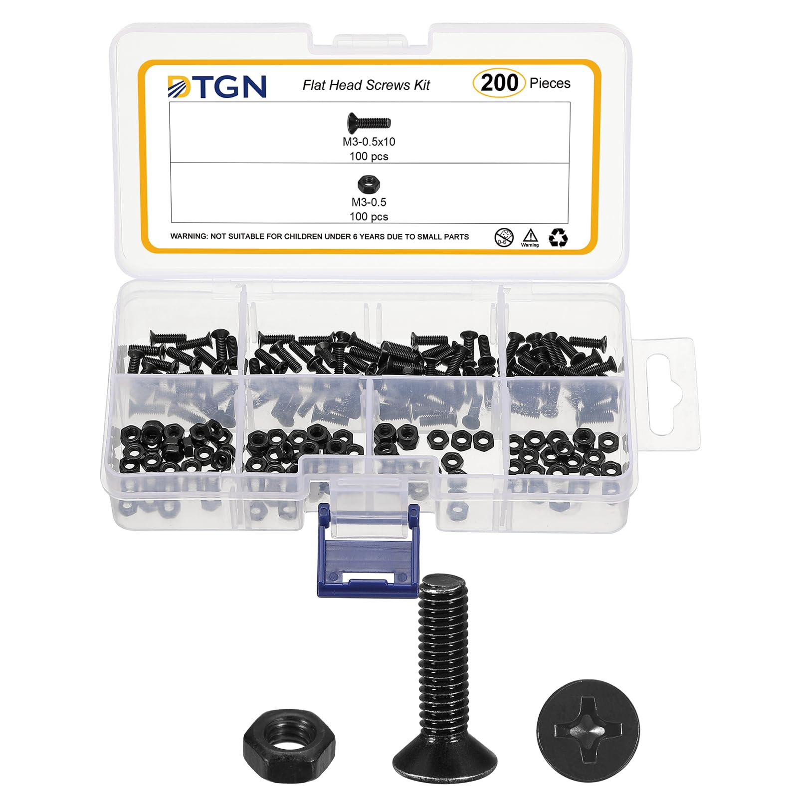 DTGN M3-0.5x10 Flat Head Nuts and Bolts Assortment Kit - 200pcs - Good for Electronics and Machinery - Carbon Steel Phillips Countersunk Machine Screws Set - Black