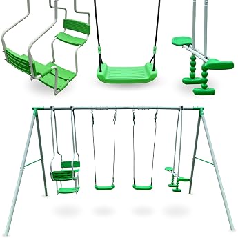 HyperMotion 6 Person Swing for Children 3+ Garden Swing with 2 Classic Swings Rocker Swing and Double Swing Adjustable Ropes Weatherproof Green