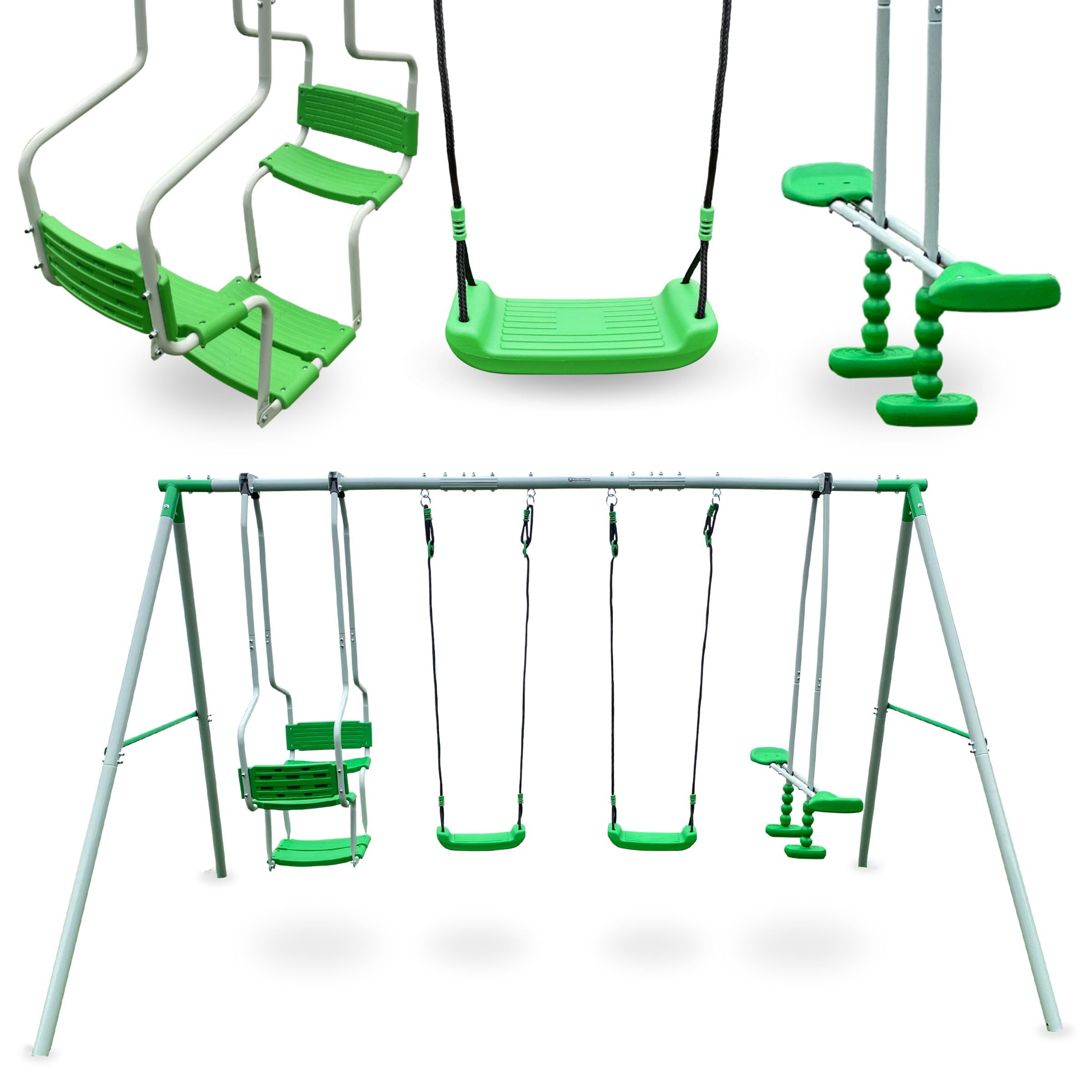 HyperMotion 6-Personen-Schaukel für Kinder 3+, Gartenschaukel mit 2 klassischen Schaukeln, Wippschaukel und Doppelschaukel, verstellbare Seile, wetterfest, Grün