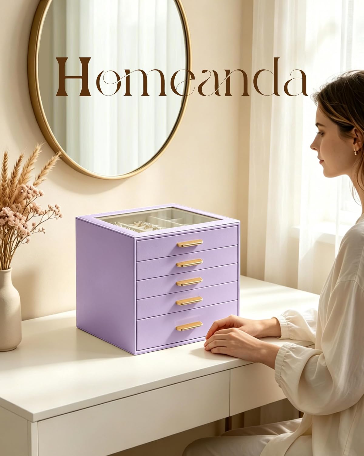 Homeanda Jewelry Boxes Organizer with Glass Lid, 5-Layer PU Leather, Purple image 2