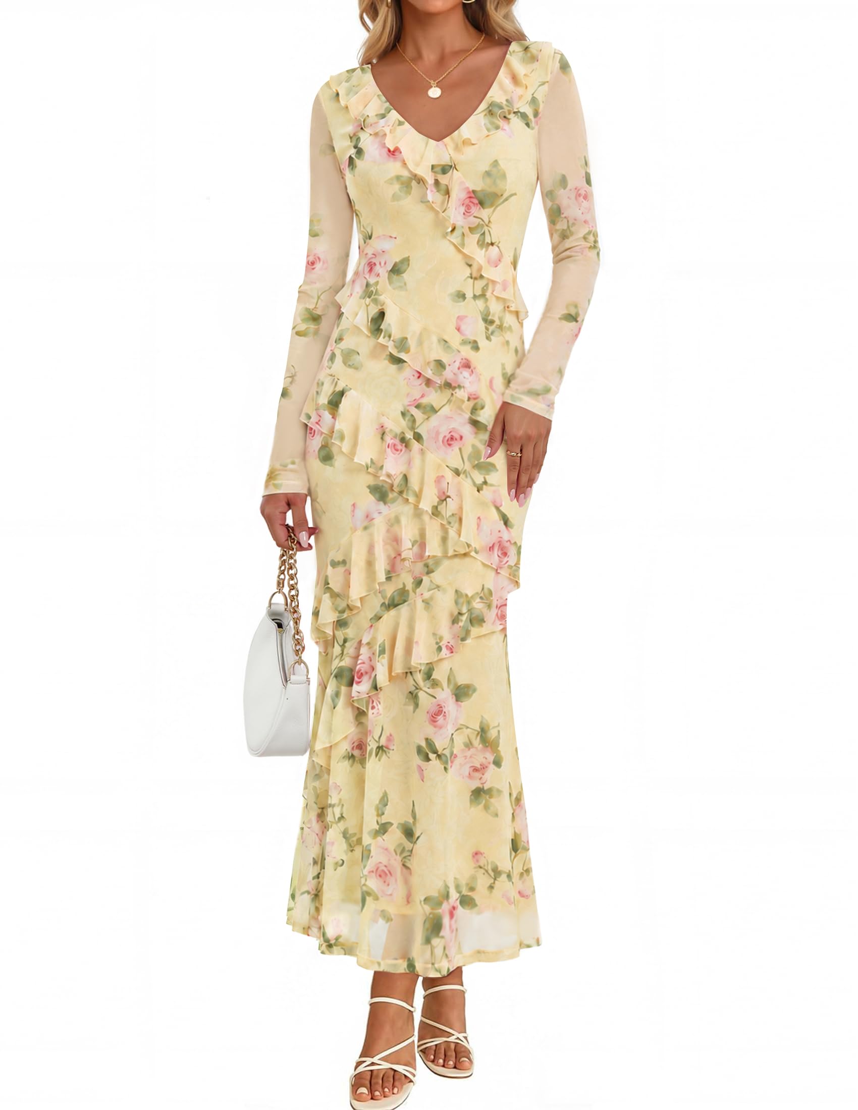 Wedding Guest Dresses for Women Fall Long Sleeve Floral Maxi Dress