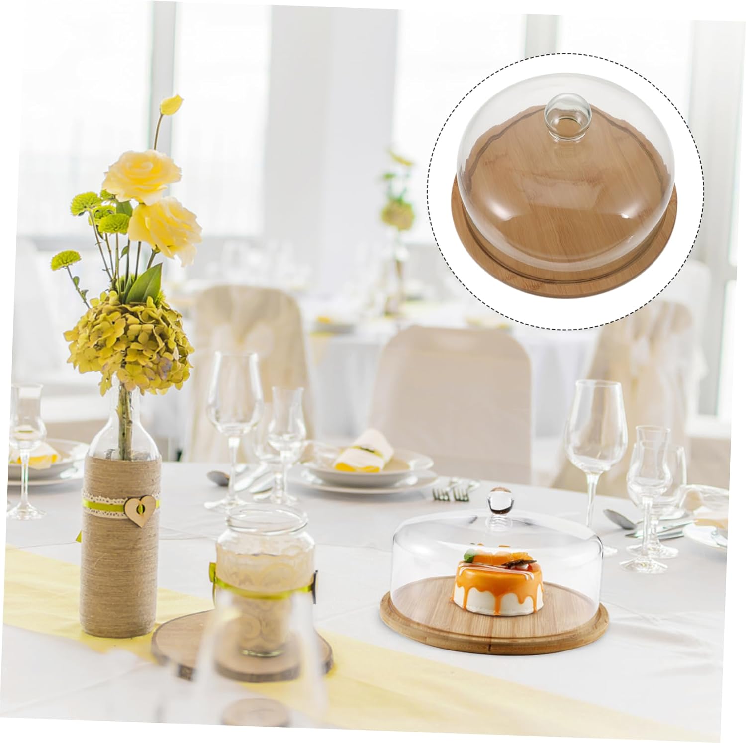 OUNONA 1Set Creative Glass Cake Dome Food Cover with Wood Tray Dessert Tray for Cakes Pastries and Burgers Stylish Kitchen Decor and Practical Food Protection