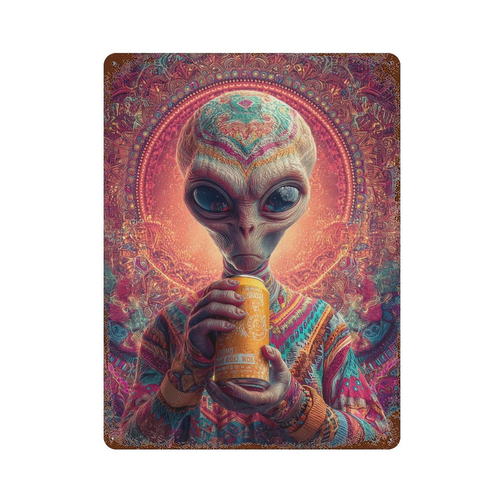 Alien Drinking Beverage 15.7"x11.8" Vintage Rust Metal Sign, Classic Wall Plaque for Pub, Kitchen And Man Cave Decor