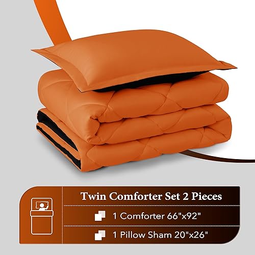 Miniatura 6 de Downluxe Juego de edredón individual naranja y negro, ropa de cama suave para todas las estaciones, 2 piezas, 1 edredón de 66 x 92 pulgadas y 1