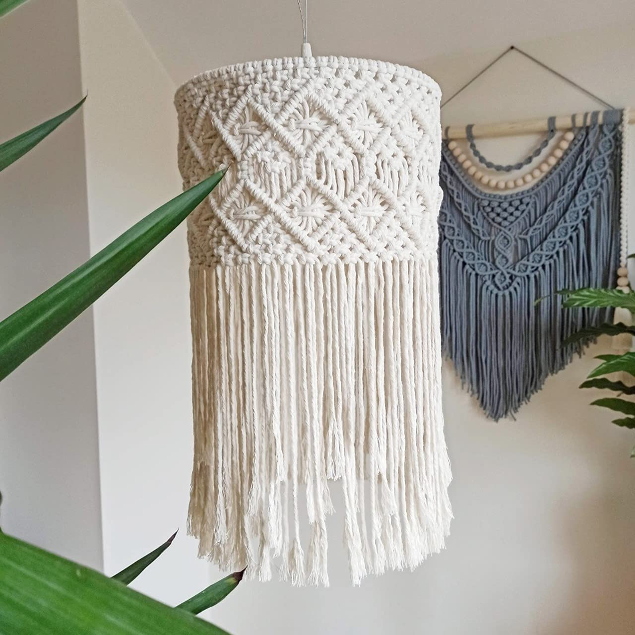 MARUTI ISHT Handmade Macrame Jhumar, Boho Chic Decorative hanging Lampshade Ambient Ceiling chandelier Knotting by Cotton cord Bohemian Rustic Home decor Interior design Off-White, 1-Piece
