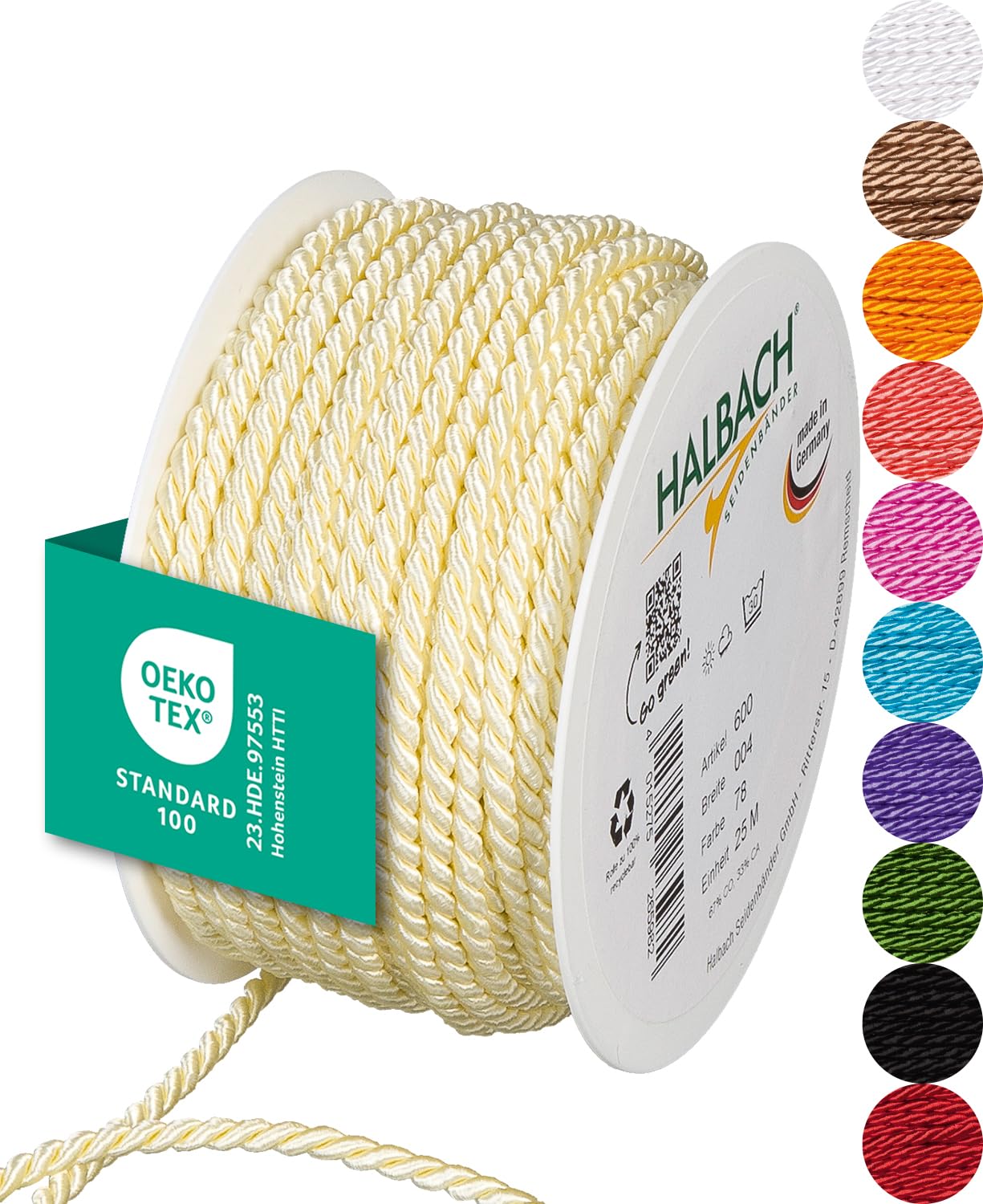 Halbach Seidenbänder Premium Kordel (Vanilla) | Breite 4mm Länge 25m | Made in Germany & Öko-Tex Zertifiziert | glänzende Satinkordel aus Acetat