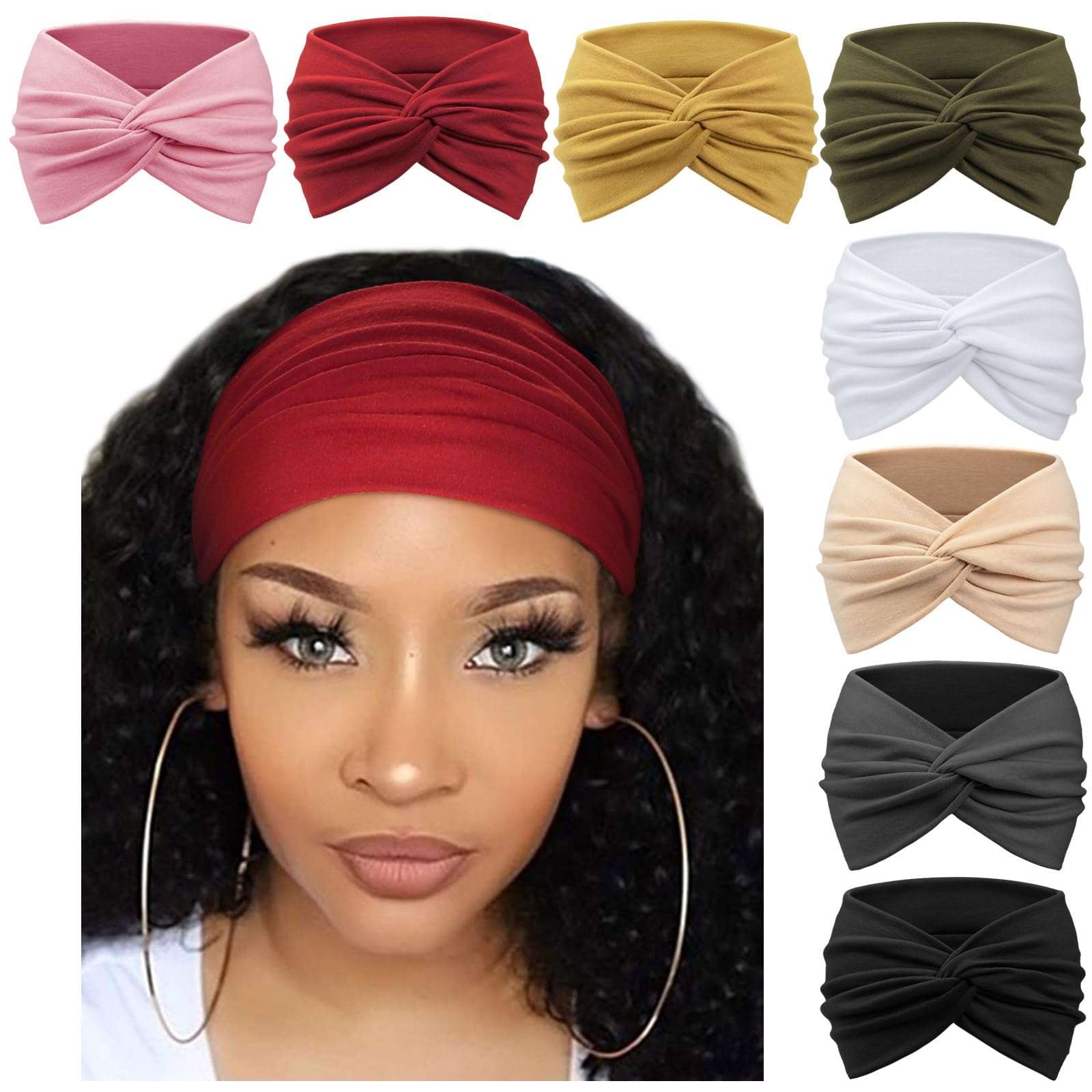 DRESHOW 8 Pack Turban Headbands for Women Wide Vintage Head Wraps Knotted Cute Hair Bands Accessories, 8 Pack Wide Setb-06