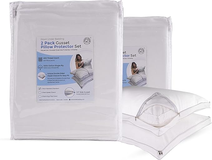 Gusseted Pillow Protector Cover Case Set 2 Pack Standard Size 100